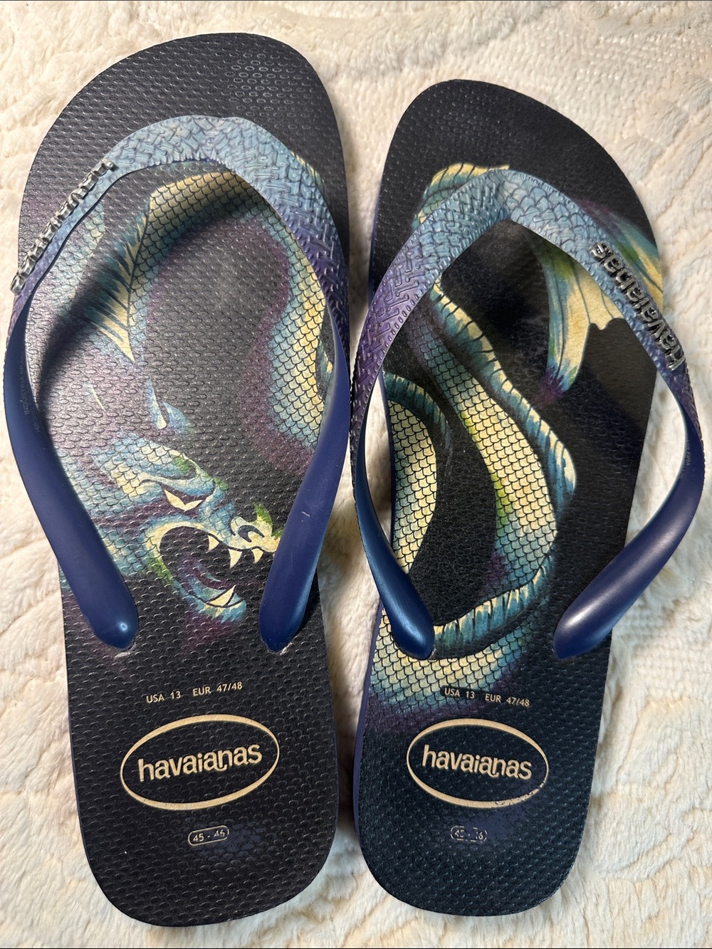 Havaianas Navy Flip Flops with Blue-Green Dragon Print